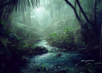 The Landscape of the jungle full of exotic plants and trees, An overview of the nature best, hot and wet ecosystem, where life abounds.