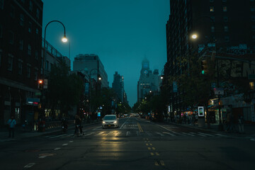 The intersection of 14th Street and 1st Avenue on a foggy evening, East Village, Manhattan, New York