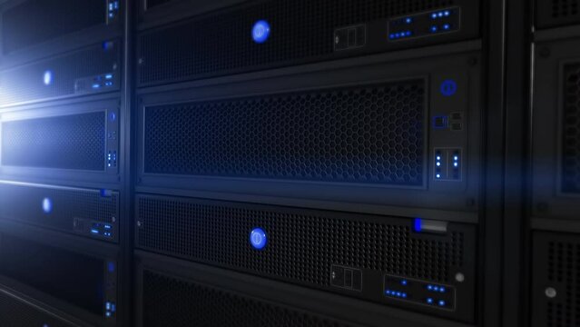 
Close up View of Led Lights Blinking on Working Data Center Computers. Rows of Rack Servers. ISP.  Cloud Computing Data Storage 3D Rendering. Internet Of Things, Telecommunication.