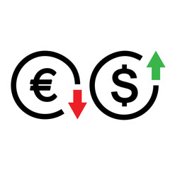 Dollar growth,Euro decline illustration.with red down and green up arrow, stock market display numbers in background. Vector illustration