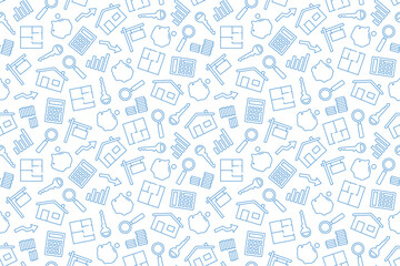 seamless pattern with real estate related icons: floor plan, savings, calculator, sign board, house, key, graph- vector illustration