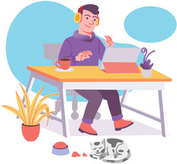 Fototapeta na wymiar Young Man Sitting on Desk Putting Ear phone Working with his Tablet Modern Flat Illustration Concept