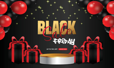 Black friday sale banner with gifts and balloons. Background products display podium.