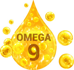 Drop with golden liquid and bubbles. OMEGA 9. 