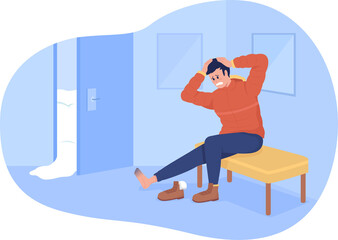 Frostbite from cold weather 2D raster isolated illustration. Man at home with injured foot from freezing flat characters on cartoon background. Everyday situation and common tasks colourful scene