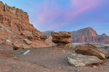 Landscape at dawn of rocks and vermillion cliffs, Glen Canyon National Recreation Area, Arizona, USA