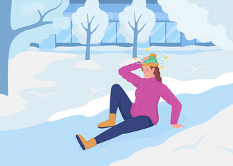 Winter dangerous situation flat color raster illustration. Urban park in december. Everyday situation. Woman slipped on iced 2D cartoon character with urban cityscape on background