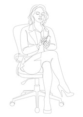 Silhouette of a girl in a modern single line style. A woman is sitting on a chair, talking on the phone. Continuous line, outline, posters, wall art, stickers, logo. Vector illustration.