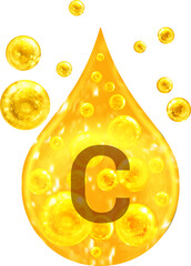 Drop with golden liquid and bubbles. Vitamin C.  - 537578383