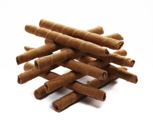 Waffle chocolate sticks with of cream black chocolate and orange, isolated on white
