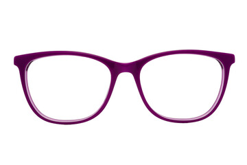 Eyeglass frames and lenses in many colors, both metal and plastic. On a transparent, white background