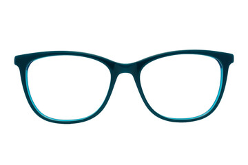 Eyeglass frames and lenses in many colors, both metal and plastic. On a transparent, white background