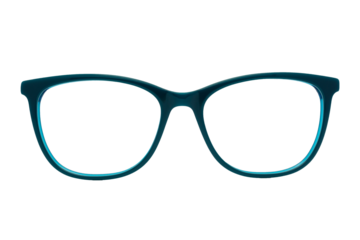 Eyeglass frames and lenses in many colors, both metal and plastic. On a transparent, white background