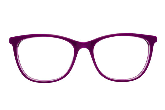 Eyeglass frames and lenses in many colors, both metal and plastic. On a transparent, white background