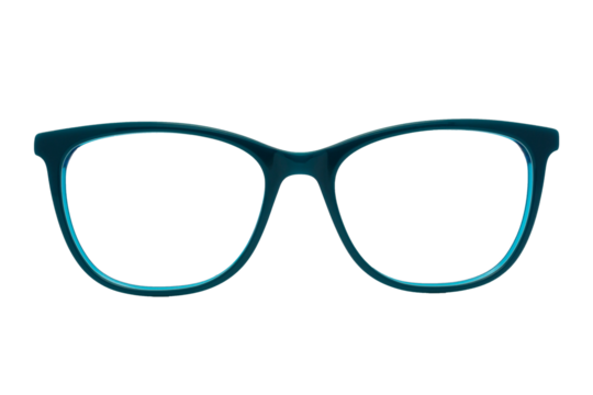 Eyeglass frames and lenses in many colors, both metal and plastic. On a transparent, white background