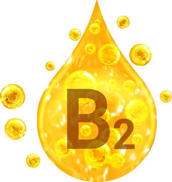 Drop with golden liquid and bubbles. Vitamin B2.
