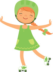 Girl on roller scates. Happy kid. Cartoon joyful child