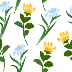 Fototapeta premium Seamless pattern with blue and yellow flowers. Floral decorative vector background, plants, botanical design for fashion, fabric, wallpaper