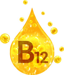 Drop with golden liquid and bubbles. Vitamin B12 - 537579928