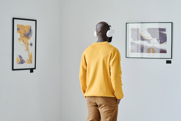 Rear view of African young man in wireless headphones looking at modern art and listening to guide