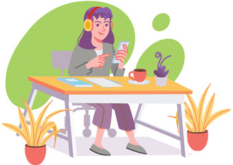 Young Girl Sitting on Desk Putting Ear phone Working with her Mobile Phone and Enjoying Cup of Coffee  Modern Flat Illustration Concept