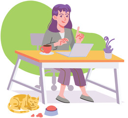 Fototapeta premium Young Girl Sitting on Desk Working with her Tablet and Enjoying Cup of Coffee Modern Flat Illustration Concept