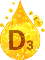 Drop with golden liquid and bubbles. Vitamin D3 - 537580350