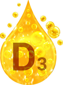 Drop with golden liquid and bubbles. Vitamin D3