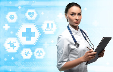 Woman doctor on blue and white futuristic background with medicine symbols