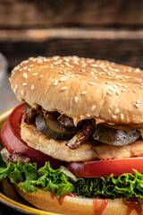 Close up burger with a chicken cutlet, Food recipe background. Close up