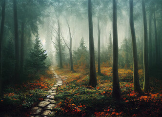 Naklejka premium Misty forest in autumn, beautiful nature scenery, green trees and meandering rivers, The scene of beautiful forest in the fall, foggy magical natural environment.