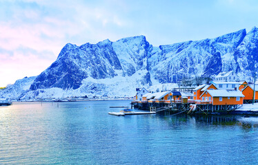 View of Reine village in Lofoten Islands, Norway in winter.
