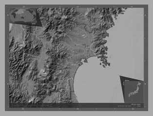 Miyagi, Japan. Bilevel. Labelled points of cities