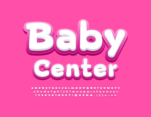 Vector creative logo Baby Center. Cute funny Font. Pink and White stylish Alphabet Letters, Numbers and Symbols set