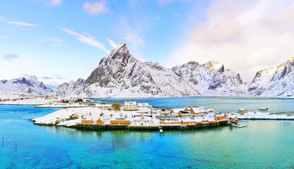 View of Reine village in Lofoten Islands, Norway in winter.