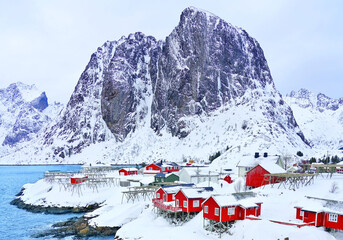 View of Hamnoy village in Lofoten Islands, Norway in winter.