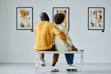 Rear view of young multiethnic couple sitting on chair and embracing, they enjoying modern art together