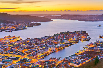 View of Bergen, Norway at sunset in winter.