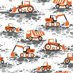 Seamless pattern with building equipment on ground. Creative kids texture for fabric and fashion textile print. Endless vector background.