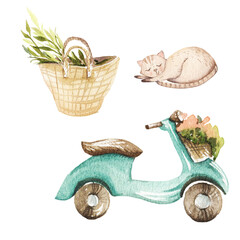 Watercolor Wedding Card, Picnic, Outdoor Wedding, Car, Transportation, Buildings, Farm, Animals, Bicycle, Fruits, Barn house, Bicycle, Clothing, Tree, City