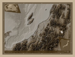 Niigata, Japan. Sepia. Labelled points of cities