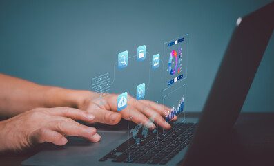 Analyst working with Business Analytics and Data Management System on computer, make a report with...