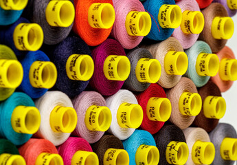 set of multi-colored spools of thread for sewing