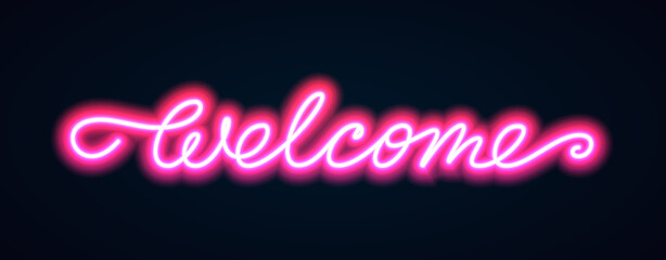 Welcome script neon extra glowing banner. Glow bright club signboard. Wavy line inscription on dark wall illuminated with led lamps. Night show open advensing announcement fluorescentled tube light