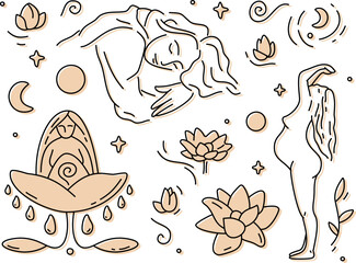 Femininity and natural beauty aesthetic. Pre-made sacred female energy clipart. Hand drawn line art vector illustration with girl, pregnant woman and midwife. 