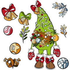 drawing set of Christmas elements , children colouring book, Christmas tree