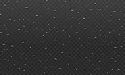 Realistic water droplets transparent pattern on dark background. Raindrops on glass. Shower or rain on window. Drops texture. Condensed wet on surface. Vector illustration