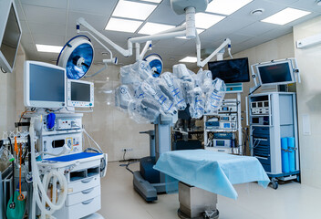 Modern robotic surgery hospital room. New technology surgical clinic.