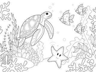 Fototapeta premium Sea turtle swims among algae and other fish. Coloring book, vector children illustration.