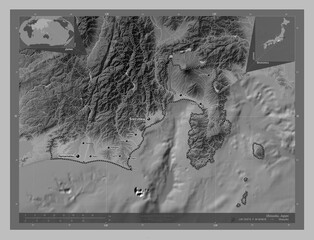Shizuoka, Japan. Grayscale. Labelled points of cities